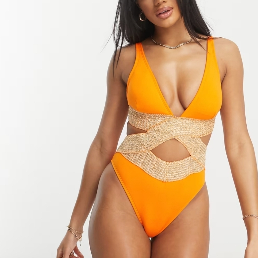 RIVER ISLAND NWT PLUNGE WRAP ORANGE W/GOLD KNIT BAND SWIMSUIT SZ 12